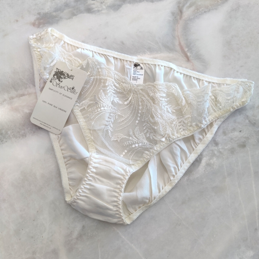 COPY - NWT Silk Panties with V-Cut Floral Lace | Vintage Satin Briefs- White